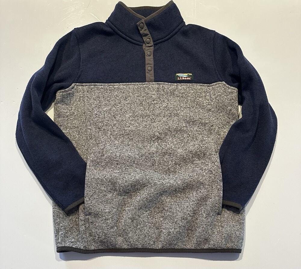 LL Bean Youth Large 14-16 Quarter Snap Pull Over Fleece Sweater Gray Navy Hiking